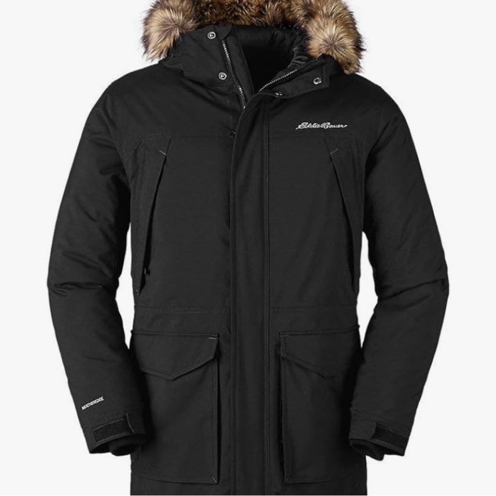 Eddie Bauer Men's Black Puffer Coat with Faux Fur Trim